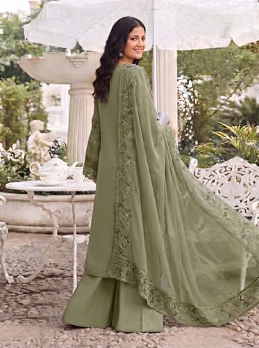 Image of RUDRAPRAYAG Women's Georgette Fabric Wih Embroidered Sequence Work And On Neck Moti Hand Work Semi Stitched Sharara Salwar Suit With Dupatta Set