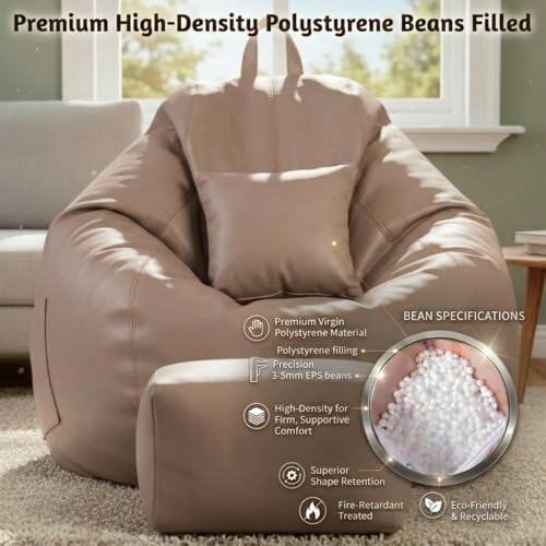 Image of KAM'S LIEU 5XL Luxury Faux Leather Bean Bag with Footrest & Cushion | Pre-Filled High-Density Polystyrene Beans | Premium Leatherette | 6 Months Warranty Color- (Beige, with Footrest)