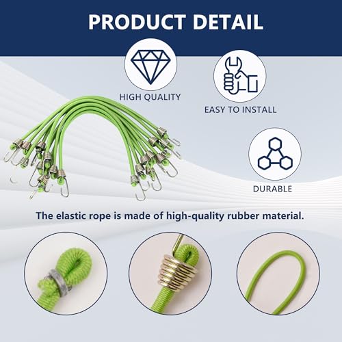 Image of Premium 10 Pack Fruit Green Small Bungee Cords with Hooks - Elastic Rubber Strap Rope, Stretchy Mini Bungee Cords for Bikes, Tents, Tarps, RV, Luggage Roof Racks, Wire Racks & Cargo Hand Carts