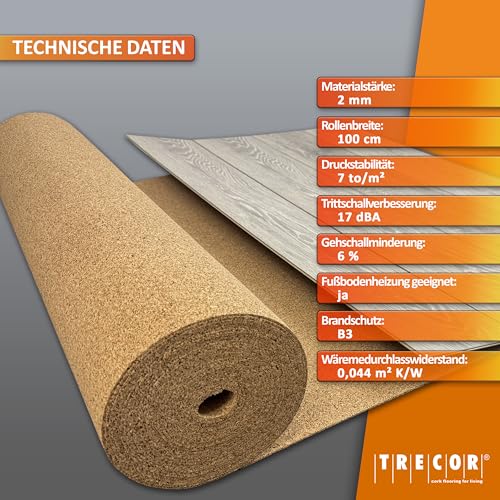 ökologische Trittschalldämmung TRECOR Rollenkork/Trittschallkork - Stärke 2 mm - Dichte: 200 kg/m³ - 10 m² Rolle
