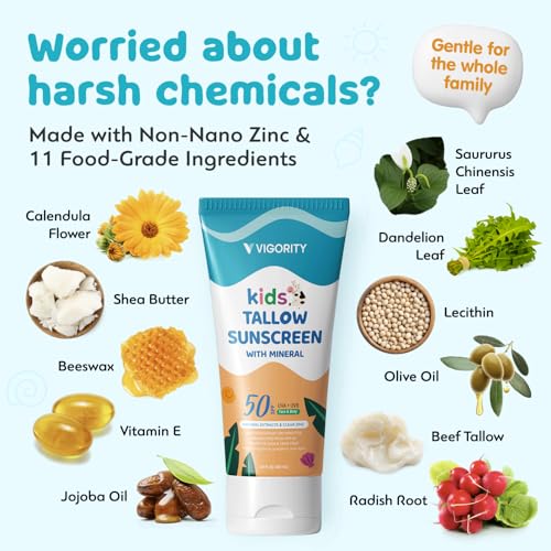 Image of Beef Tallow Sunscreen for Kids with Zinc Oxide: Natural Non-Toxic SPF 50 Tallow Sunblock Cream - with Food-Grade Botanical Extracts - Kids & Sensitive Skin Safe, Water-Resistant - 3.4 FL OZ