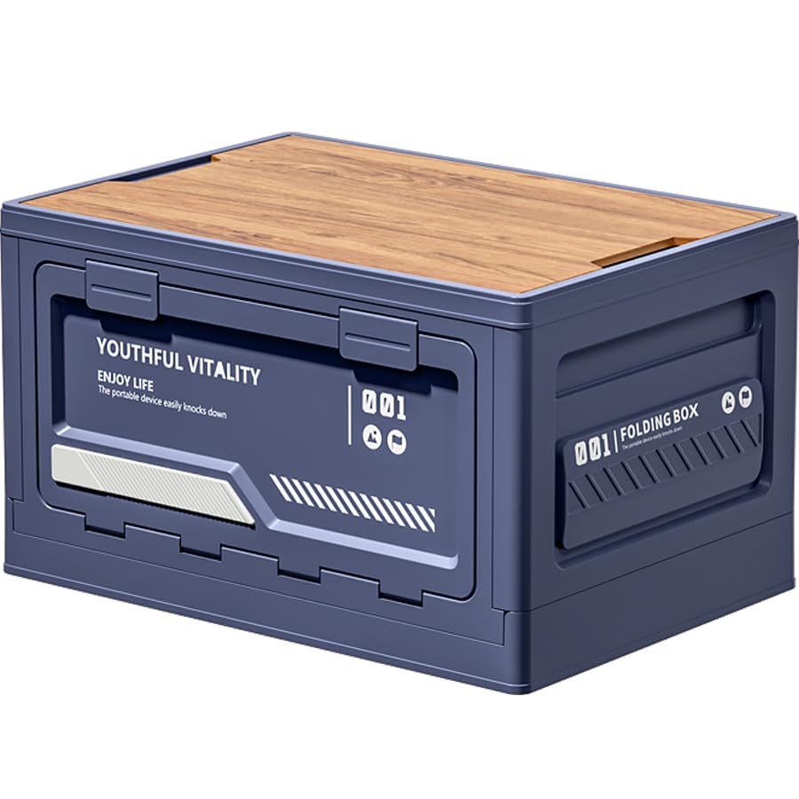 Zilnox コンテナ ボックス 折り畳み キャンプ 折りたたみコンテナ 木製の蓋付き 収納ボックス 大容量 アウトドア 収納ケース 強い耐荷重 収納 組み立て簡単 ブルー 1個 L 幅50×奥行35×高さ28.5cm