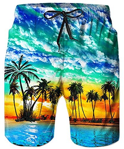 Loveternal Men's 90S Board Shorts Palm Trees Sunset Printed With Pocket Summer Polyester Swim Trunks Hawaiian Print Swim Trunks Knee Length Beach Shorts With Pockets Bathing Suits S #TOP29