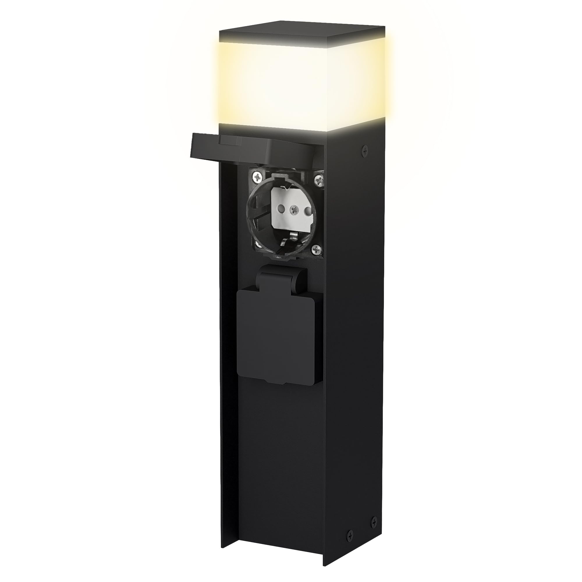 SSC-LUXon ZAVO Energiesäule schwarz IP44 inkl. LED G9 3W warmweiß und 2 Schuko-Steckdosen wetterfeste Energiesäule Gartenstrahler