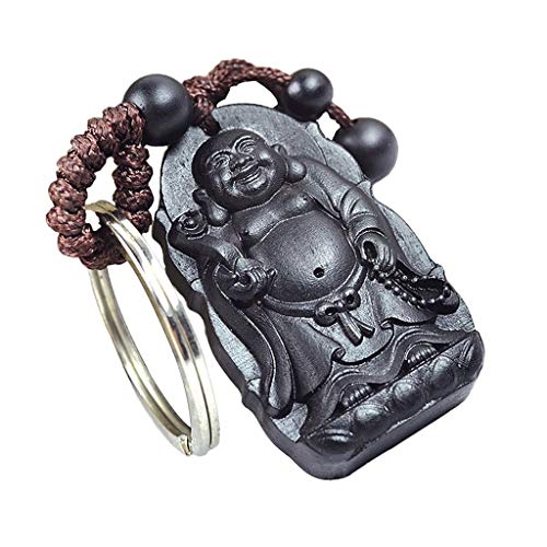 Porte-clés vintage en laiton et bois de pêche gravé Bouddha souriant