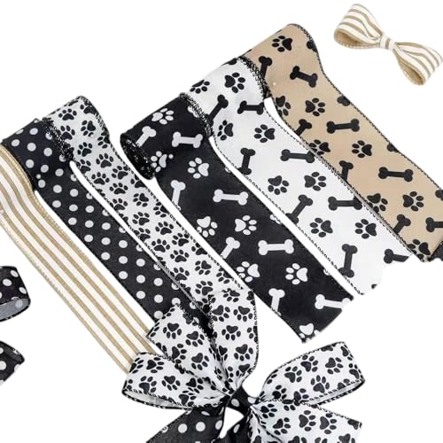 AGATIZ Dog Paw Print Ribbon 6 Rolls - 1.5 & 2.5 Inch Black White Wired Edge Linen Ribbon with Dog Bones Stripes & Polka Dots for Gift Wrapping Floral Arrangements Craft Packages Decor30 Yards