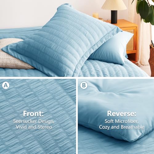 Image of CozyLux Full Size Comforter Sets Sky Blue, 7 Pieces Seersucker Textured Luxury Bed in a Bag, All Seasons Soft Bedding Sets with Down Alternative Comforter, Sheets, Pillowcases & Shams, Bedroom Bed Set