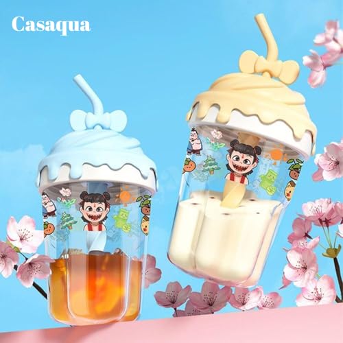 Image of Glass Tumbler with Lid & Straw - 400ml, Set of 1, Cute Bow Handle Sipper Cup, Glass Drinking Cup for Water, Juice, Milk & Smoothies, Cartoon Printed Kids Cup (Receiving Random Color)