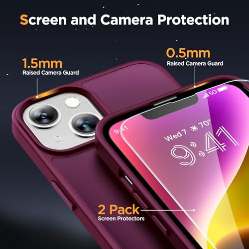 Image of Miracase Magnetic for iPhone 14 Case 6.1 inch (Compatible with MagSafe)(with 2X Screen Protectors) Military-Grade Protection, Anti-Fingerprint Translucent Matte Phone Case Cover, Wine Red