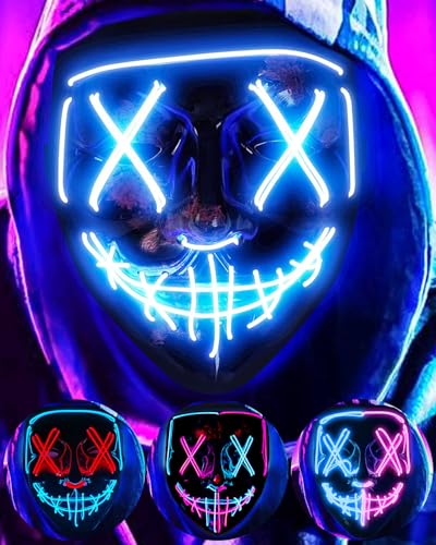 DWTECH – Máscara de miedo de alambre con luz LED, para mascarada Cosplay, máscara facial para niños, hombres, mujeres, fiesta de Halloween (Azul)