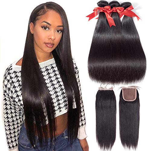 VENELLE Brazilian Straight Hair 3 Bundles with Lace Closure (20 22 22+20 Free Part closure) Virgin Human Hair Weave 100% Unprocessed Human Natural Black Straight Bundles With Closure