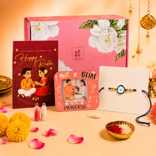 Image of Art Street Evil Eye Rakhi Gift Hamper with Personalized Best Bhai Photo Frame, Evil Eye Rakhi, Greeting Card, Roli Chawal & Premium Gift Box | Raksha Bandhan Gift for Brother