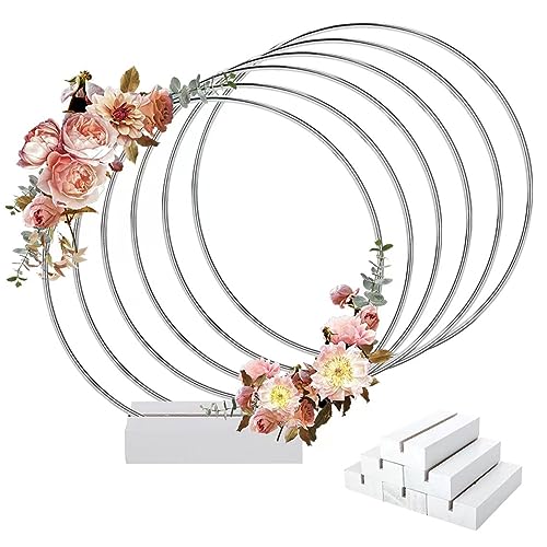 Worown 6 Juegos de Aros de Flores De Metal de 30 cm con Soportes de Madera, Anillos de Plata con Soportes, Coronas Florales con Soportes para Bodas, Fiestas, Banquetes