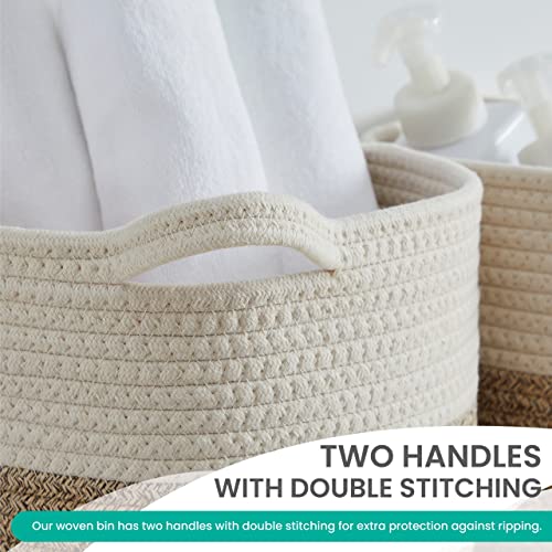 Organizix 3 Pack Cotton Rope Storage Basket Woven Shelf Storage Bin With Handles, Decorative Closet Shelf Woven Basket For Storage Organizers Fits 12" Inch Cube, White/Beige #TOP5