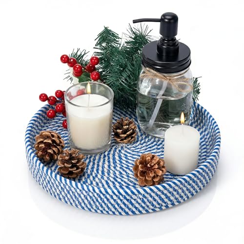 Image of BOBBINY Decorative Round Rope Tray for Decor - Rope Tray for Kitchen Dining Room Table - The Perfect Small Candle Serving Tray for Coffee Table and Home Decor (Blue Mix, 10x10 Inch (Pack of 1))