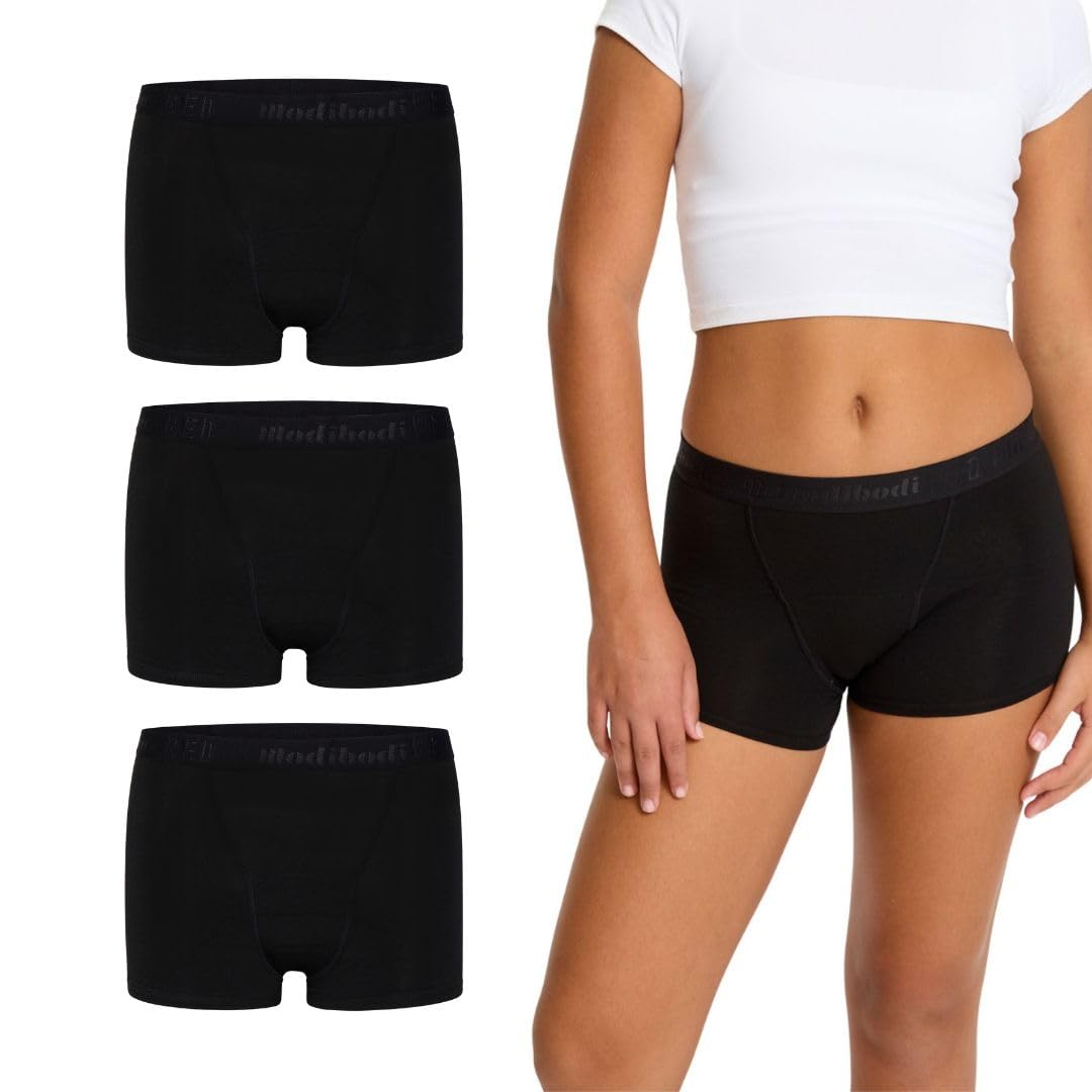 Modibodi Women's 3-Pack Black Teen Hipster Boyshort Moderate 3 Pack Black Y08-10