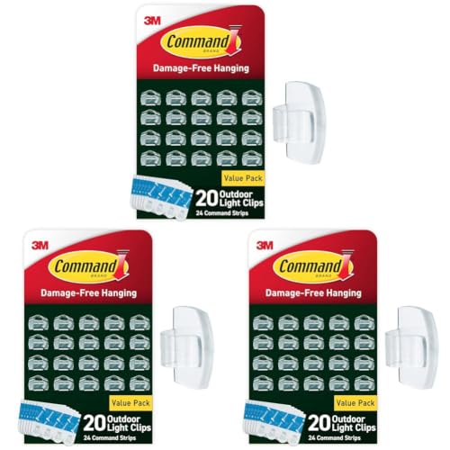 Command Outdoor Light Clips, Clear, 20 Clips, 24 Weather Resistant Strips (Pack of 3)
