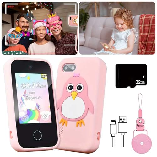 Brivulgent Penguin Design Smart Phone: HD Dual Camera Playset with32GB SD Card, Interactive Learning Companion for Little Explorers（Pink