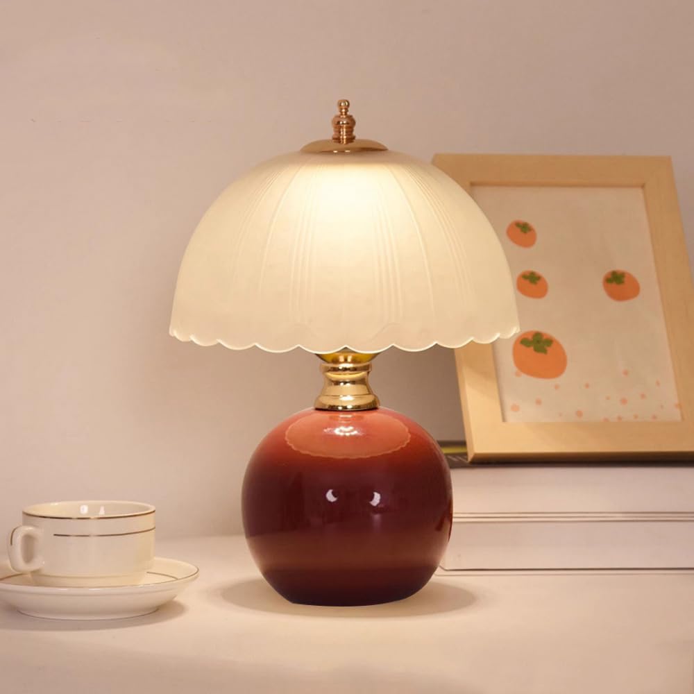 Mengjay Lampe de Table Vintage en Céramique,E27 Lampe de Chevet avec Abat-Jour en Verre,Lampe de Bureau Intérieur avec Prise et Interrupteur pour Chambre Salon Bureau Bar (Rouge)