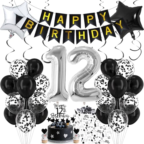 Cadimus Luftballon 12. Geburtstag Schwarz Silber Deko 12. Geburtstag Luftballon 12 Black and White Party Deko Luftballons Schwarz Silber Geburtstagsdeko für 12 Jahre Junge und Mädchen