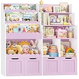 FOREHILL Kinderregal mit 4 Schubladen auf Rollen Kinderzimmer Möbel aus Holz Bücherregal für Kinder Kinderschrank mit Spielzeugkiste Kinderbücherregal mit 4 Boxen 125x 120 x 40 cm Flieder