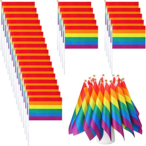 Tudomro 100 Pack Rainbow Pride Flag Small Mini Progress Flags Handheld American Rainbow Stick Lgbtq Flag Party Decorations Supplies for Holiday Outdoor Accessory for Gay Flags 5. 5 x 8. 2 Inches