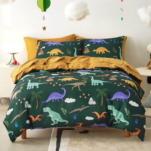 Wake In Cloud - Dinosaur Bedding Set for Boys Cute Colorful Dinosaur Dino Soft Lightweight Comforter Set with Sheets 5 Pieces Kids Bed in a Bag Dark Green Twin Size