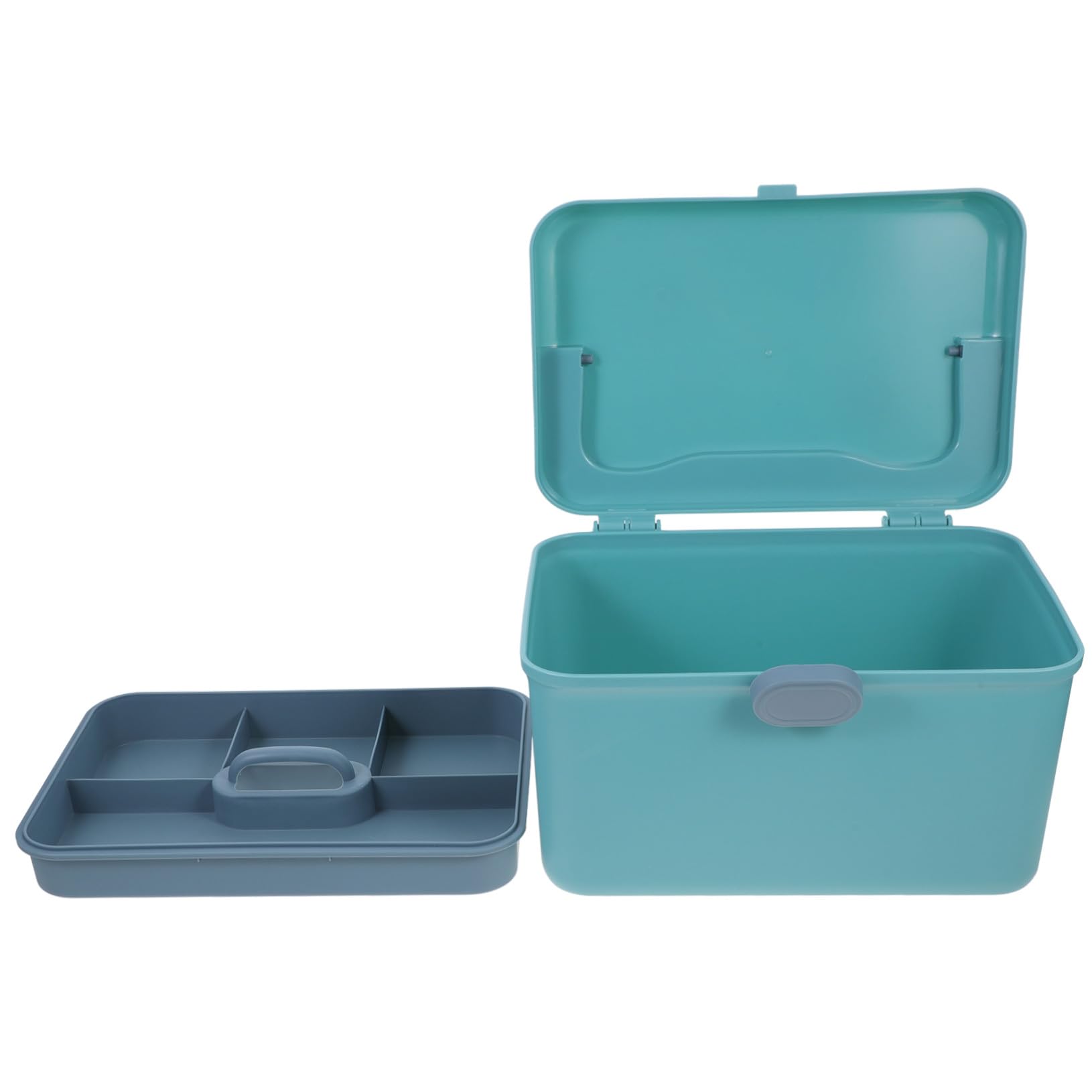 Boîte de rangement bleue avec compartiments multiples pour pharmacie