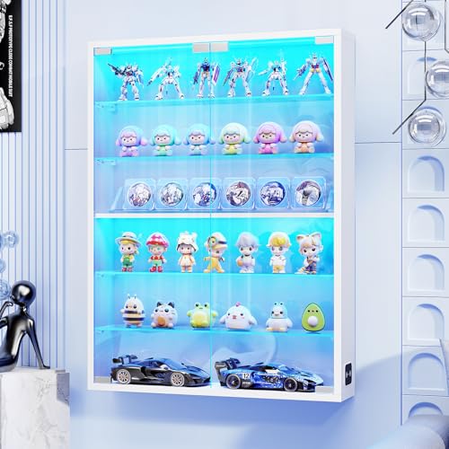 Image of Wall Display Case with Glass Doors, Sports Card Display Case | 6-Tier, Adjustable Glass Shelves, Shot Glass Display Case for Collectibles, Display Cabinet for Trading Cards, White