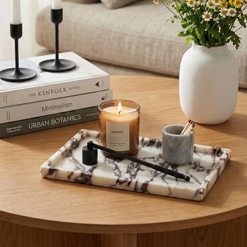 Denique Natural Marble Vanity Tray for Bathroom Countertop, Stone Storage Tray for Home Decor, 12x8 Genuine Calacatta Viola Marble Perfume Jewelry Organizer for Kitchen Dresser
