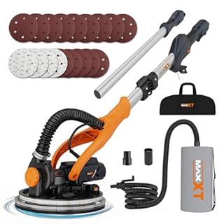 MAXXT Levigatrice per cartongesso Pieghevole Con aspirazione polvere VERO sistema di autoaspirazione Luce LED impugnatura telescopica Velocità variabile Motore 820W Sei dischi abrasivi 225mm