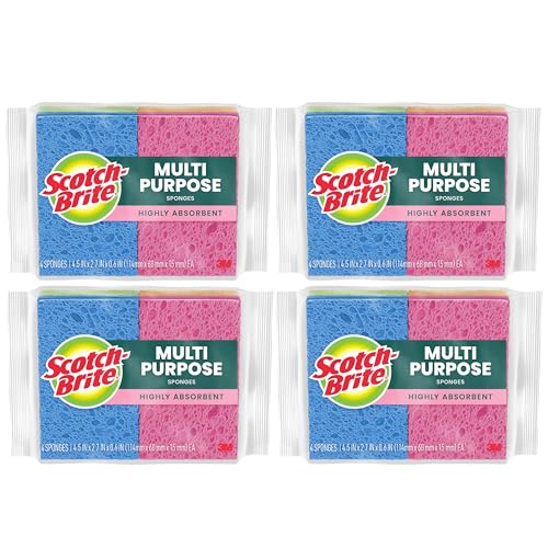 Scotch-Brite Multi-Purpose Kitchen Sponges 16 Total (4 Packs of 4) Highly Absorbent Non-Scratch Dish Sponges Plant-Based Fibers Dishwasher-Safe Americas #1 Sponge Brand