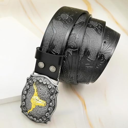 Black Western Cowboy Genuine Leather Belt with Longhorn Bull Buckle and Floral Engraving3