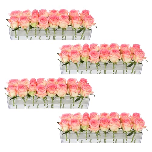 4 Pack Clear Acrylic Flower Vase Centerpiece for Dining Table,63.2 Inch Rectangular Floral Low Vases with 64 Holes for Dining Table Modern Flower Arrangement for Home Decor or Weddings