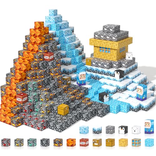 Gooidea Large Magnetic Blocks 110PCS Ice Fire World Inspired Playset Kids Magnet Toys 1 inch Building Cubes Magworld Add-on Building Craft Sensory Toys Game Gifts for Kids Ages 3-5 4-6 5-7 8-12