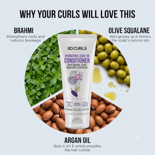 Image of XO Curls Hydrating Leave In Conditioner for Dry and Frizzy Hair. With Brahmi, Olive Squalene & Argan Oil For Frizz-Free, Soft Curly and Wavy Hair. Leave in Conditioner for Curly Hair Women - 100ml
