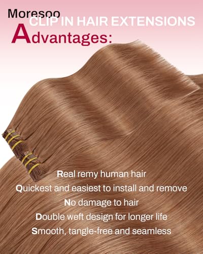 Image of Moresoo Copper Hair Extensions Clip ins Real Human Hair Copper Brown Clip in Hair Extensions Long Straight Can Be Curled for Women Full Head 120g /7pcs 18inch
