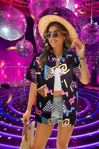 80s 90s Outfits for Women: 80s Disco Party Themed Shirt Vintage 90s Neon Hawaiian Button Down Short Sleeve Tops4