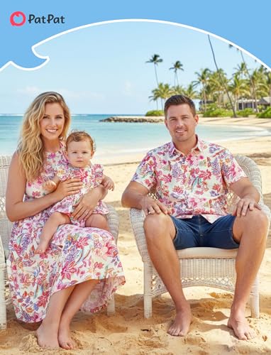 Image of PATPAT Family Hawaiian Matching Outfits - Mommy and Me Vacation Outfits | Halter Sundresses and Button Down Shirts,Caribbean Vacation Summer Tropical Outfits,Hawaiian Boho Tropical Floral Printed
