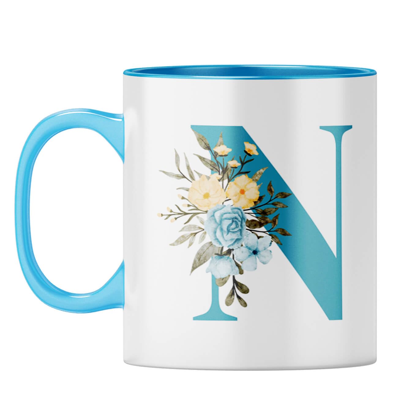 YuBingo Floral Monogram Mug - Initial N Design, Light Blue Inner & Handle (Light Blue Inner & Handle, Tea Cup, 310ML)