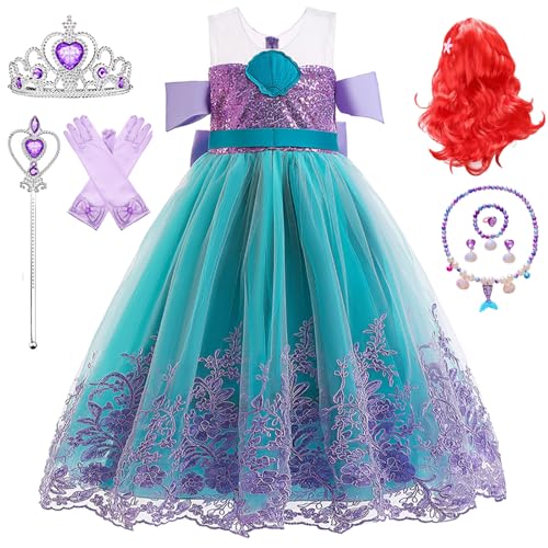 Kosplay Niñas Disfraz de Princesa Sirena con Peluca y Accesorios Vestido de Ariel Princesa Vestido de Sirena Cumpleaños Fiesta Navidad Halloween Carnaval Cosplay Vestirse Chica 100-150