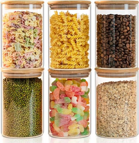 Image of 1050ML Kitchen Storage Borosilicate Glass Jar Container with Air Tight Bamboo Wooden Lid Storage Containers Round Shape for Sugar,Candy, Cookie, Rice and Spice Jar (1050ML JARS, 6 PCS)