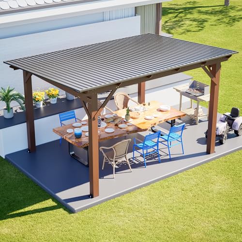 YOPTO 13.1x7.7 FT Gazebo,Outdoor Pergola W/Metal Roof,Lean to Gazebo W/UV-Resistant & Water Resistant,Wall-Mounted Heavy Duty Fir Wood Pergola W/Protective Corners,for Backyard Patio Garden,Brown