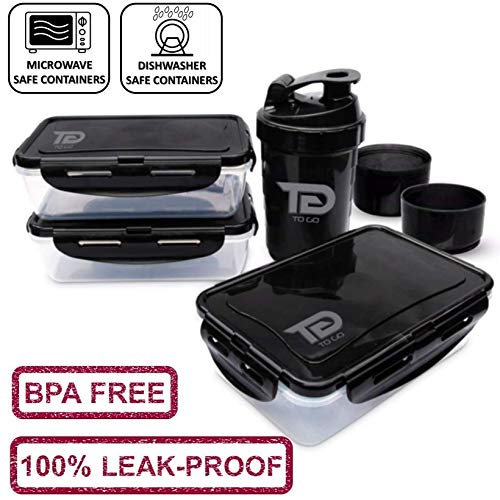 Meal Prep Bag By To Go Insulated Lunch Meals Bag W/6 Portion Control Containers,2 Ice Packs, Shaker, Pill Box,With An Adjustable Shoulder. Bag For Meals (Black) #TOP1