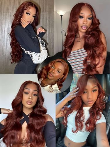 Image of Beauty Forever Reddish Brown Lace Front Wig Human Hair 7x5 Body Wave Bye Bye Slip Glueless Wigs with Elastic Drawstring,Pre Plucked,Bleached Knots,Natural Hairline,150% Density 24inch