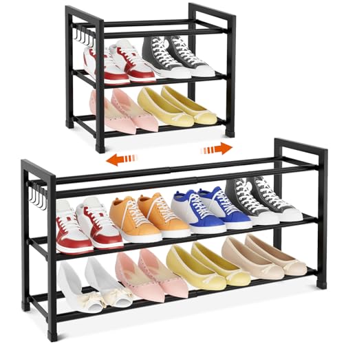 Vicye Zapatero Extensible Organizador de Zapatos, Estante Pequeño Ajustable de Metal para 12 Pares - 3 Niveles con Ganchos, 47-83.5 cm, Ideal para Armario, Entrada, Dormitorio, Garaje, Negro