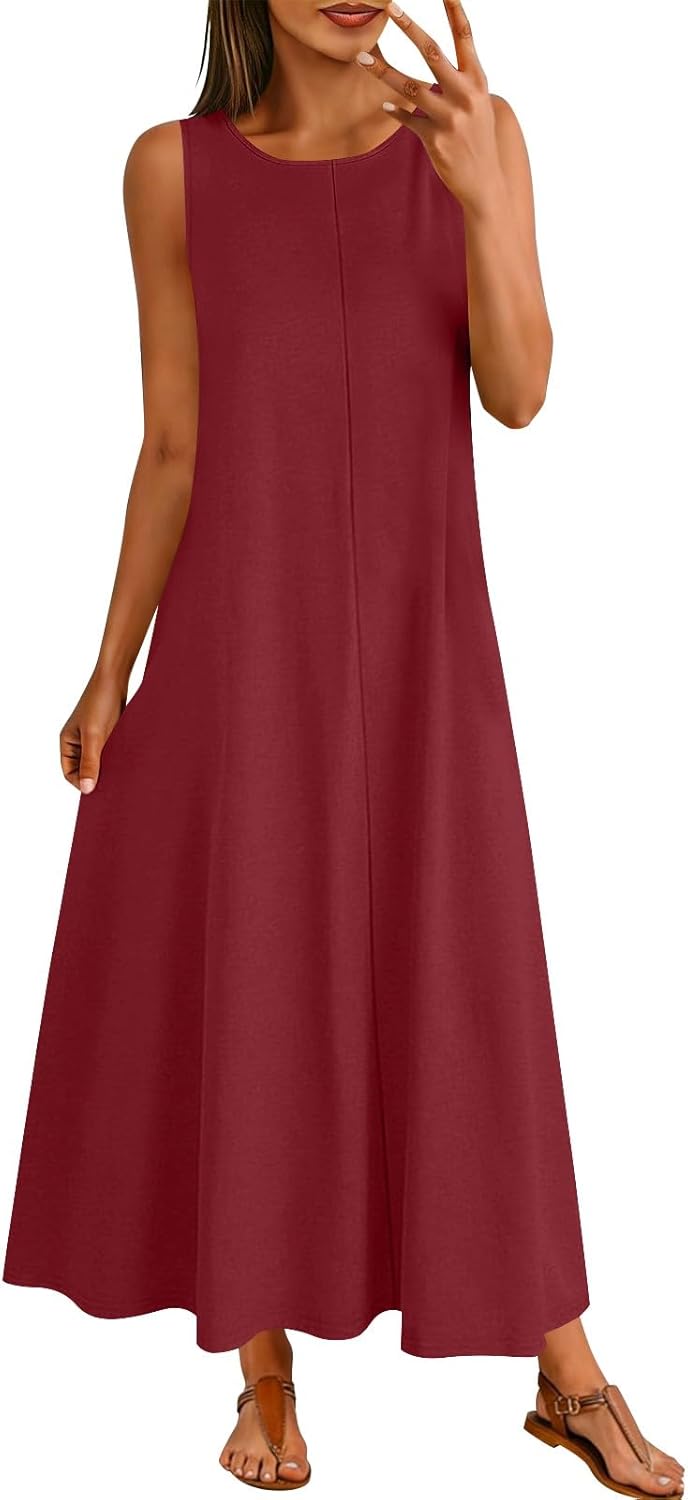 Round Neck Maxi Dress for Women Sleeveless Loose Fit Flowy Dresses Casual Summer Beach Sundress
