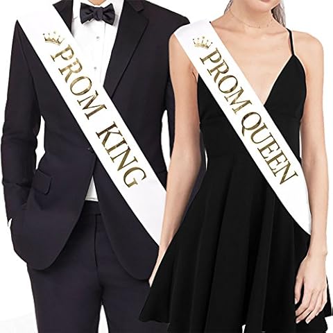 TTCOROCK "Prom King" and "Prom Queen" Sashes - Graduation Party School Party Accessories, White with Gold Print Cover