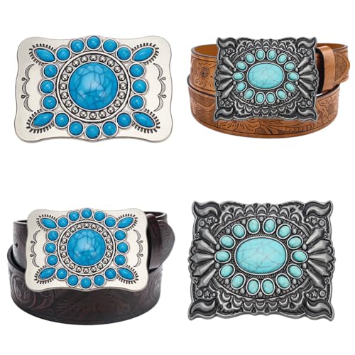 WADORN 2 Style Synthetic Turquoise Belt Buckles, 2pcs Rectangle Relief Belt Buckle Replacement Metal Turquoise Belt Buckles for DIY Belts Bags Overcoat Down Jacket Belt Decorative Accessories