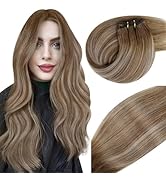 Weft Hair Extensions Balayage Human Hair 16 Inch Medium Brown Fading to Platinum Blonde Weft Hair...